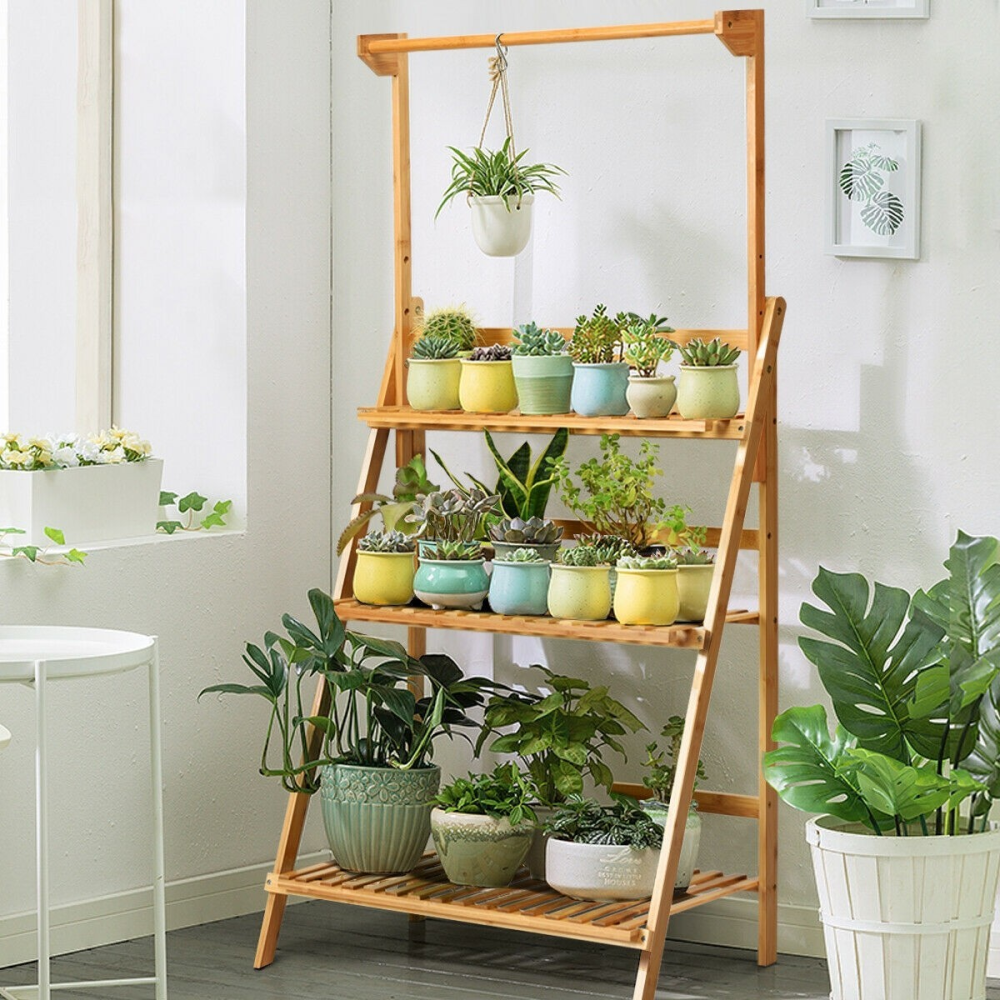 3 Tiers Bamboo Hanging Folding Plant Shelf Stand www.wallandroom.com
