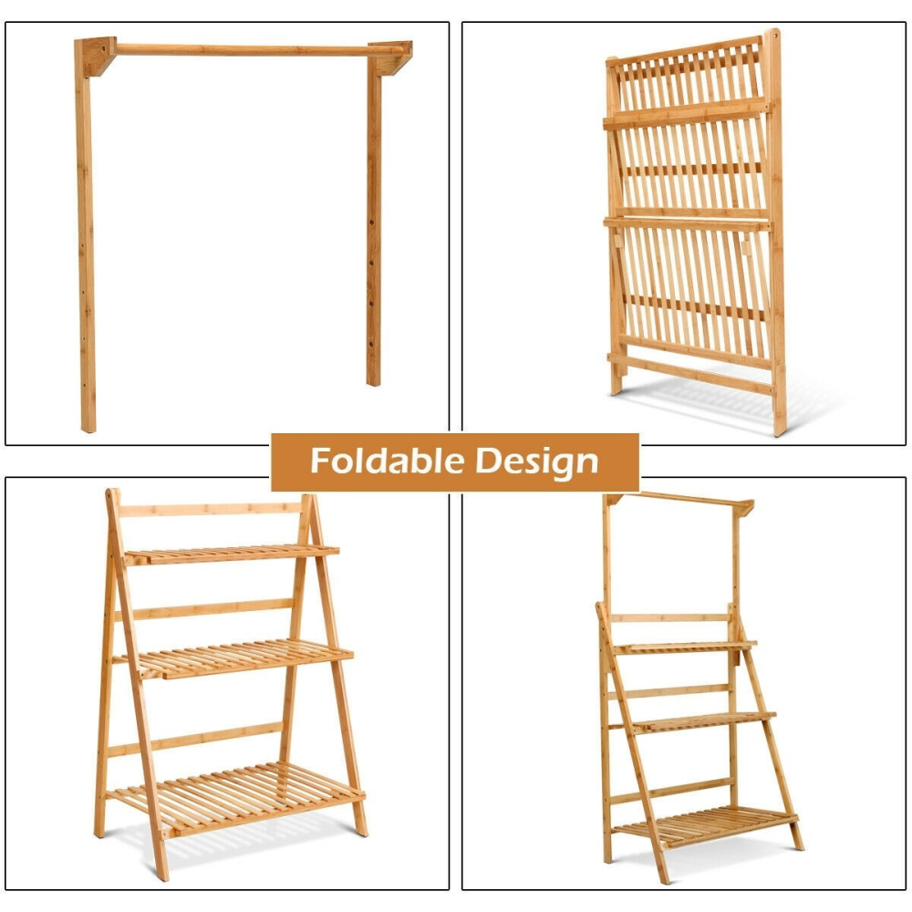 3 Tiers Bamboo Hanging Folding Plant Shelf Stand www.wallandroom.com