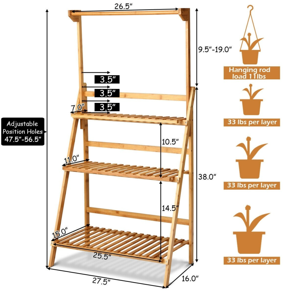 3 Tiers Bamboo Hanging Folding Plant Shelf Stand www.wallandroom.com