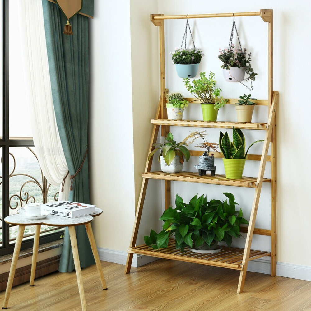 3 Tiers Bamboo Hanging Folding Plant Shelf Stand www.wallandroom.com