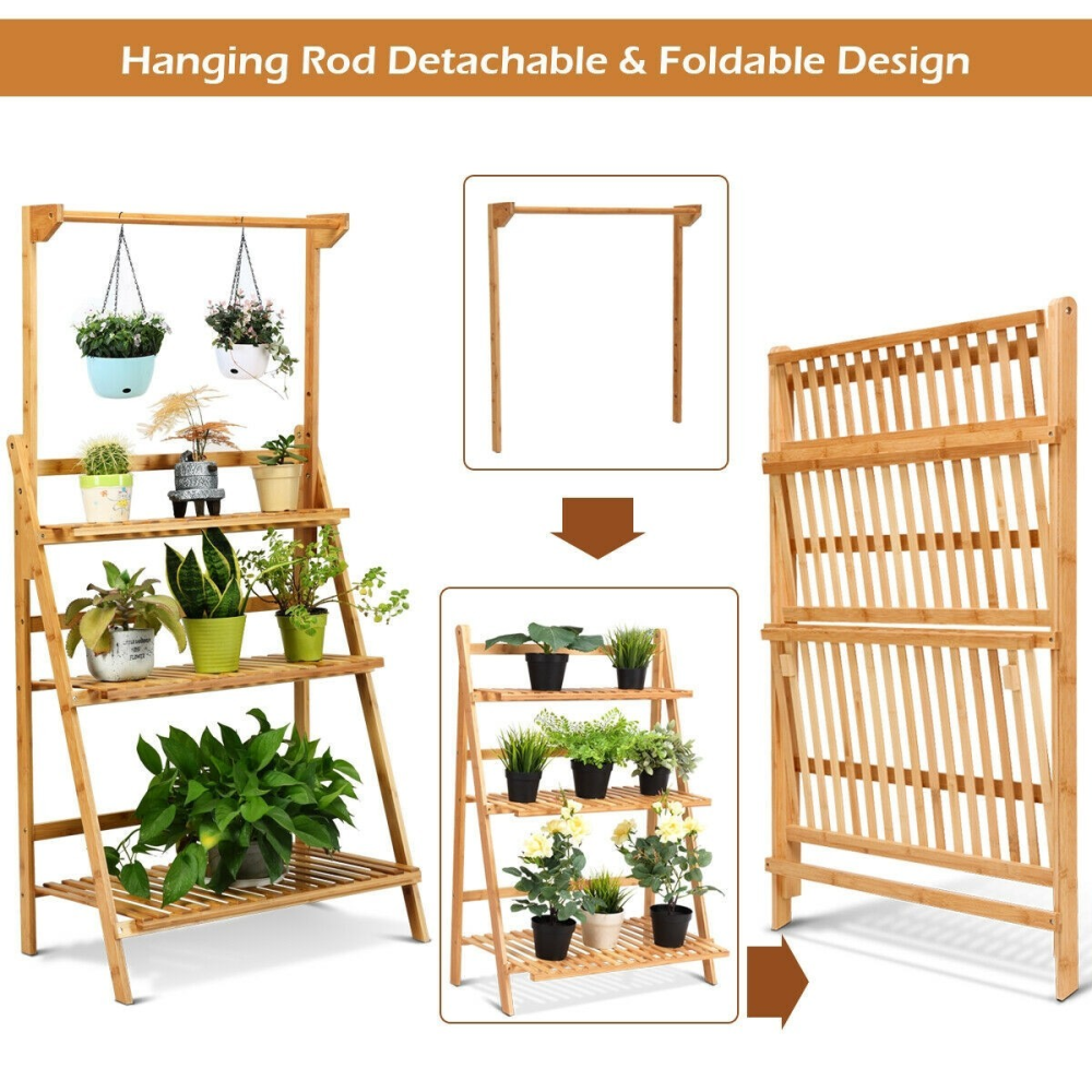 3 Tiers Bamboo Hanging Folding Plant Shelf Stand www.wallandroom.com