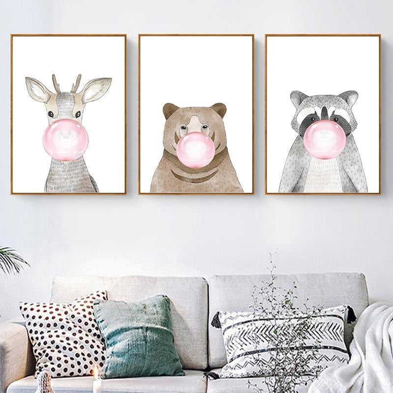 Canvas Print Bubble Gum Forest Animals  - Wall Art (Unframed) - wallandroom.com