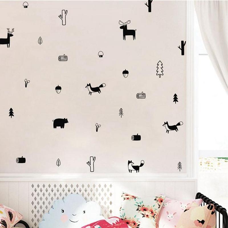 Nordic Style Forest Animal Wall Decals Woodland Tree Nursery Vinyl Art Wall Stickers Children Room Modern Wall Decor www.wallandroom.com