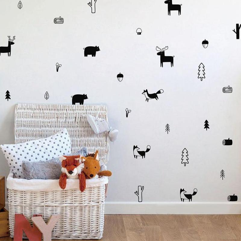 Nordic Style Forest Animal Wall Decals Woodland Tree Nursery Vinyl Art Wall Stickers Children Room Modern Wall Decor www.wallandroom.com