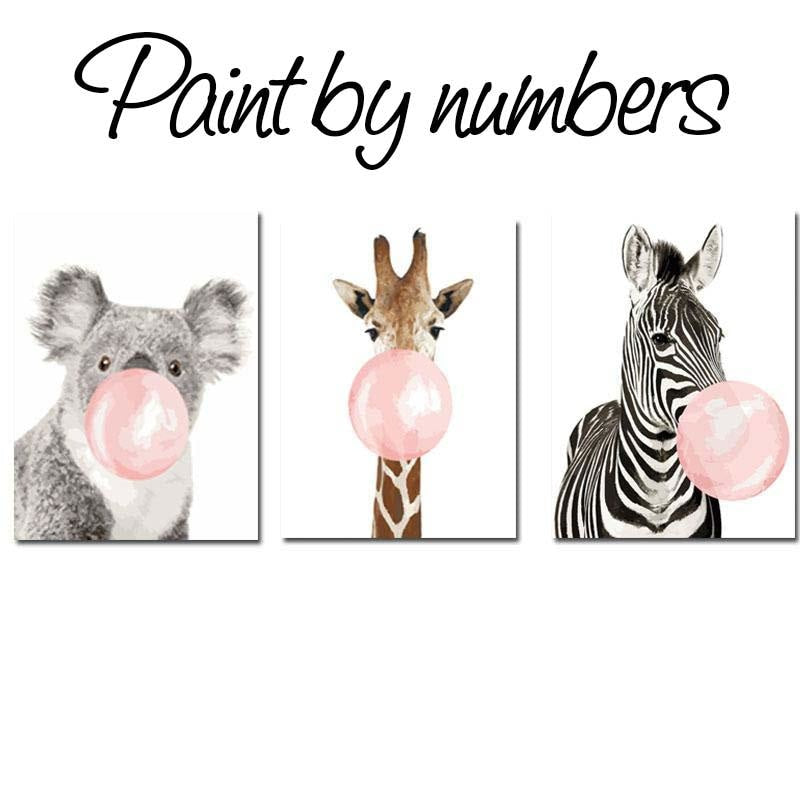 Paint By Numbers Kit - Bubble Gum Animals DIY Wall Art www.wallandroom.com