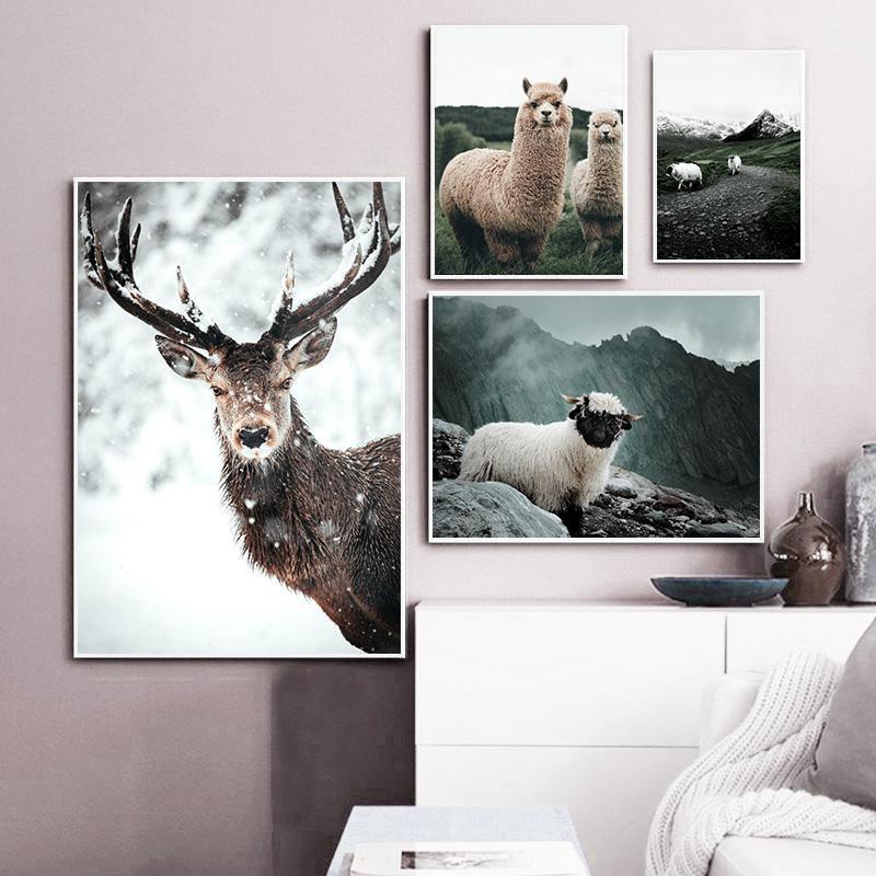 Alpaca Llama Sheep Animal Poster Nordic Style Canvas Print Landscape Art Painting Wall Picture for Modern Living Room Decoration 