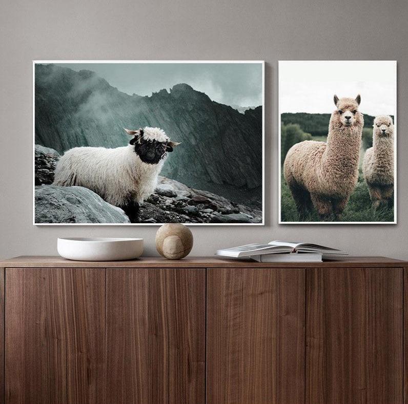 Alpaca Llama Sheep Animal Poster Nordic Style Canvas Print Landscape Art Painting Wall Picture for Modern Living Room Decoration 