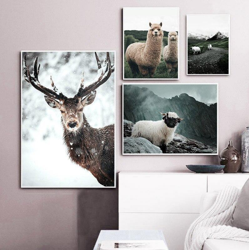 Alpaca Llama Sheep Animal Poster Nordic Style Canvas Print Landscape Art Painting Wall Picture for Modern Living Room Decoration 